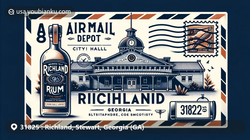 Modern illustration of Richland, Georgia, depicting Richland Depot, Richland Rum, airmail envelope, and postal elements with ZIP code 31825.