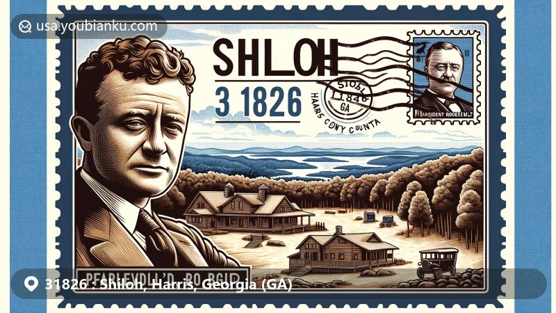 Modern illustration of Shiloh, Harris County, Georgia, showcasing postal theme with ZIP code 31826, featuring Dowdell's Knob and vintage postcard elements.