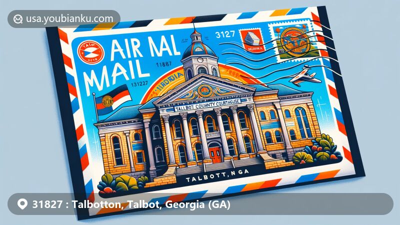 Modern illustration of Talbotton, Georgia, featuring air mail envelope with Talbot County Courthouse and Georgia stamp, emphasizing postal culture and area's beauty.