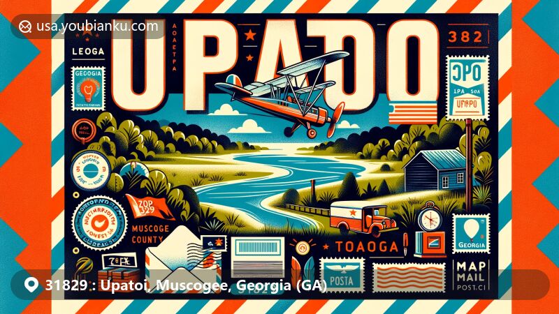 Modern illustration of Upatoi, Georgia, showcasing local geography with Upatoi Creek and lush greenery in northeastern Muscogee County, featuring vintage air mail envelope with ZIP code 31829 postmark and Georgia state flag stamp.