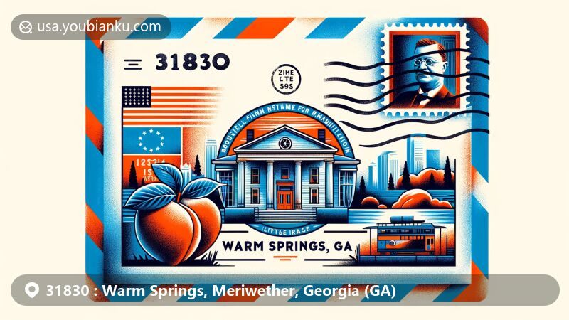 Modern illustration of Warm Springs, Georgia, featuring ZIP code 31830 and regional symbols, including the Little White House, Roosevelt Warm Springs Institute, and the Georgia state flag.
