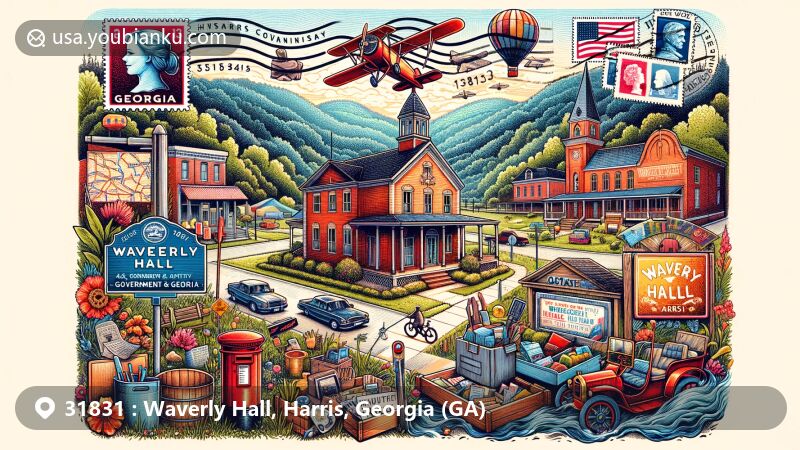 Modern illustration of Waverly Hall, Harris County, Georgia, blending small-town charm with postal theme, featuring Appalachian foothills, quaint shops, camping, fishing, and vintage air mail elements.