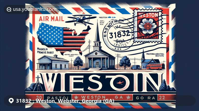 Modern illustration of Weston, Webster County, Georgia, featuring a postal theme with air mail envelope, stamp, and postmark reading '31832' and 'Weston, GA', showcasing landmarks like Magnolia Primitive Baptist Church, Prestonia Agricultural Institute, and Weston Opera House.