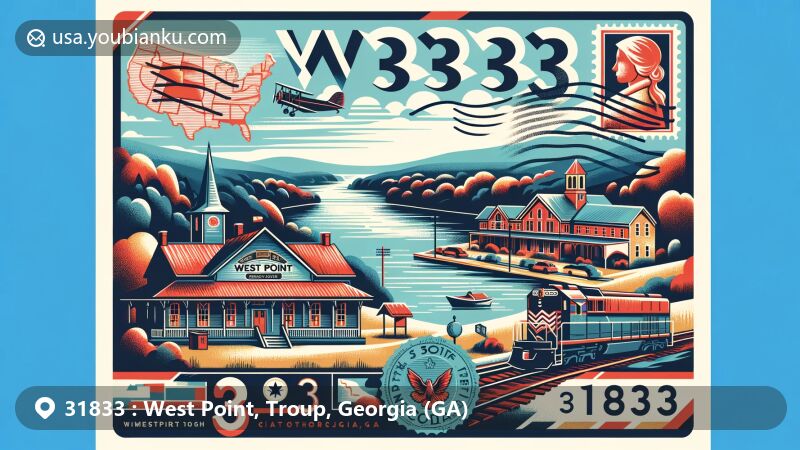 Modern illustration of West Point, Georgia, highlighting the area's postal theme with ZIP code 31833, featuring West Point Lake, Chattahoochee River, and historic West Point Depot.