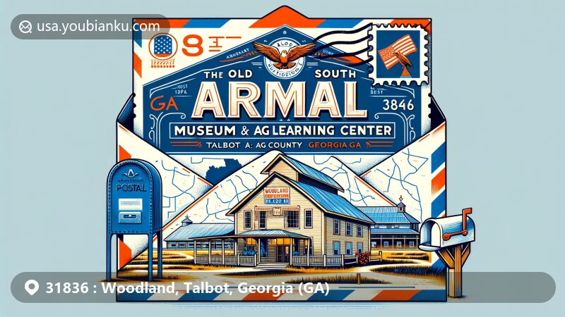 Modern illustration of the Old South Farm Museum & Ag Learning Center, Woodland, Georgia, with airmail envelope featuring iconic building, Talbot County outline, Georgia state flag, and postal theme with ZIP code 31836.