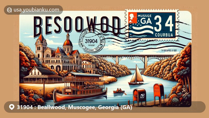 Modern illustration of Beallwood, Muscogee County, Georgia, representing postal theme with ZIP code 31904, featuring Chattahoochee River and Springer Opera House.