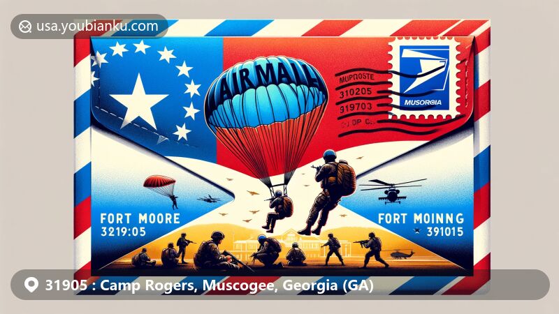 Modern illustration of Fort Moore (formerly Fort Benning) in Muscogee County, Georgia, featuring military training scenes, postal elements with ZIP Code 31905, and Georgia state flag in the background.