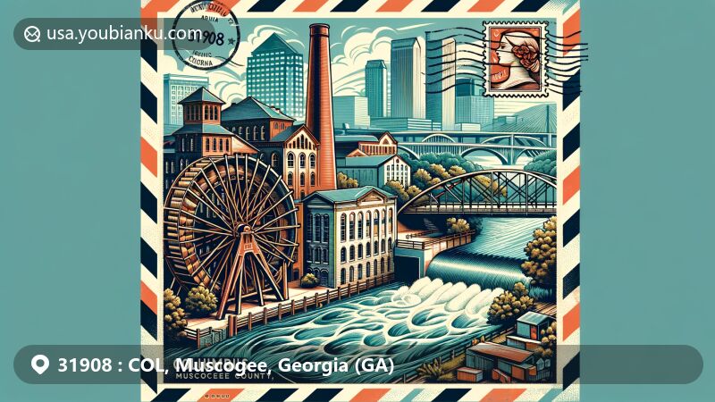 Modern illustration of Columbus, Muscogee County, Georgia, depicting ZIP code 31908 area as a creative postcard with iconic landmarks like Columbus Historic Riverfront Industrial District, Columbus Museum, and Chattahoochee River Walk.