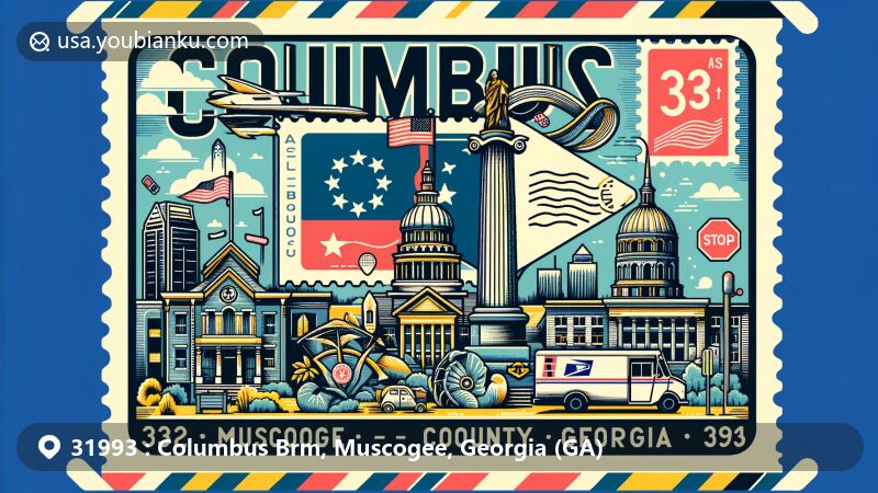 Modern illustration of Columbus, Muscogee County, Georgia, blending geographical and postal themes, showcasing Georgia-Alabama border, state flag, postcard backdrop, stamps, postmark, ZIP Code 31993, mailbox, and postal vehicle.