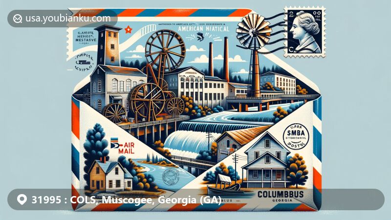 Modern illustration of Columbus, Georgia, highlighting postal heritage with air mail envelope revealing Historic Riverfront Industrial District, 19th-century mill technology, Black Heritage Trail elements like Ma Rainey Home, Georgia state flag stamp, ZIP code 31995, and Chattahoochee River integration.