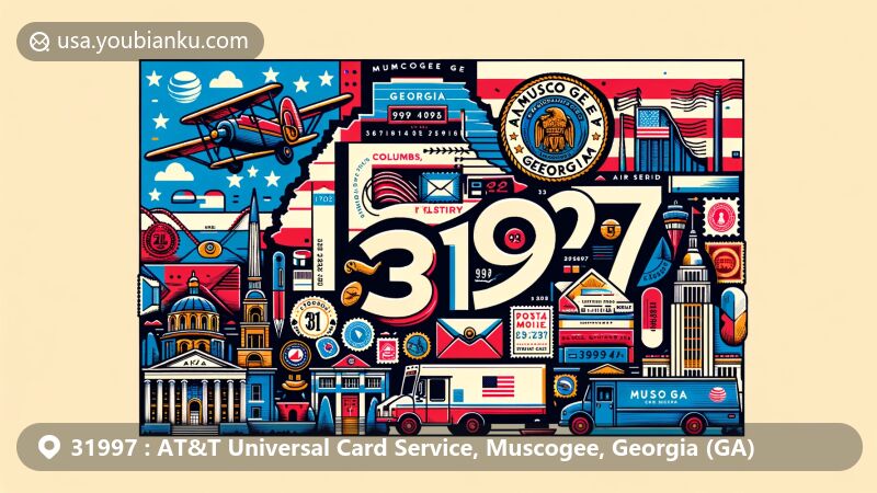 Creative postcard illustration of Muscogee, Georgia, highlighting zipcode 31997 with state flag, Muscogee County outline, vintage postal elements, and iconic Columbus landmark.