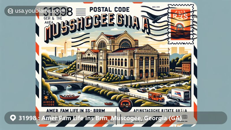 Modern illustration of Amer Fam Life Ins Brm area in Muscogee, Georgia, showcasing postal theme with ZIP code 31998, featuring Springer Opera House and Chattahoochee RiverWalk.