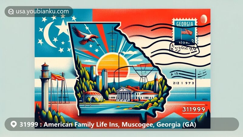 Modern illustration of Muscogee County, Georgia, combining state flag elements, local landmarks, and postal themes with ZIP code 31999, designed in postcard style.