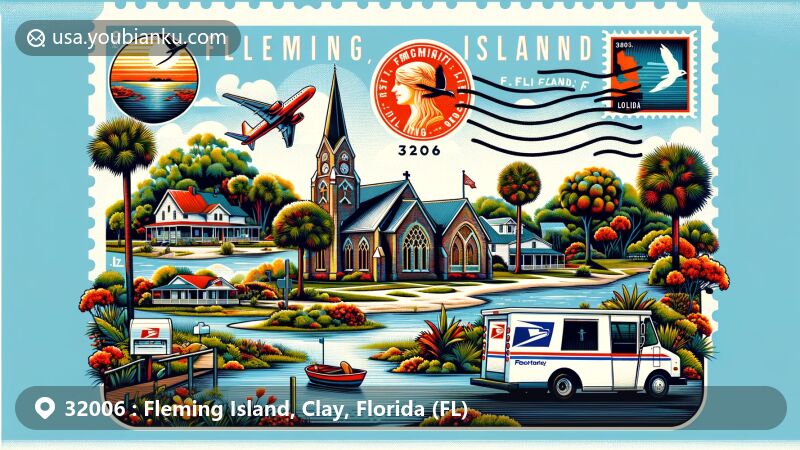 Modern illustration of Fleming Island, FL, featuring natural landscapes and postal elements with ZIP code 32006, highlighting Black Creek Park, Moccasin Slough, St. Margaret’s Episcopal Church, and postal themes like postcard, stamp, mailbox, and postal truck.