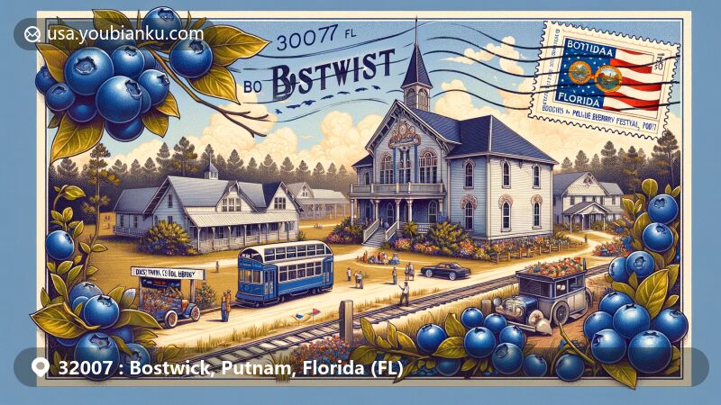 Modern illustration of Bostwick, Florida, in Putnam County, capturing the essence of the Bostwick Blueberry Festival and local culture, featuring the historic Bostwick School, postal elements, and ZIP code 32007.