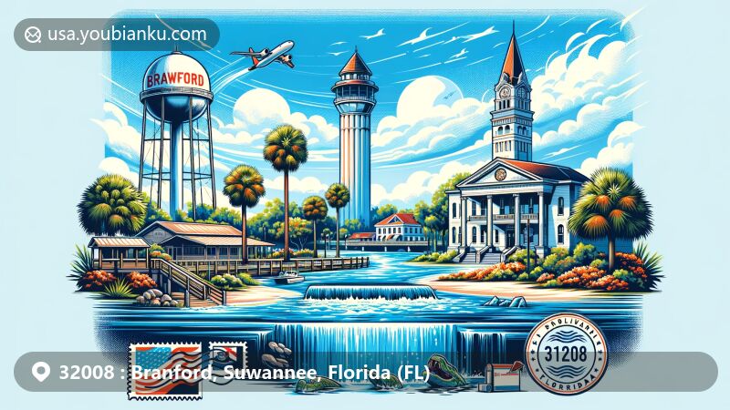 Modern illustration of Branford, Florida, showcasing Suwannee River, water tower, and Town Hall, with palm trees, state flag, and postal design elements, including ZIP code 32008 stamp and postmark.