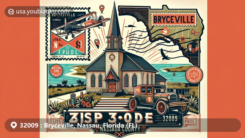 Modern illustration of Bryceville, Florida area with ZIP code 32009, showcasing Bryceville Methodist Church and rural scenery of Nassau County on outline of Florida.