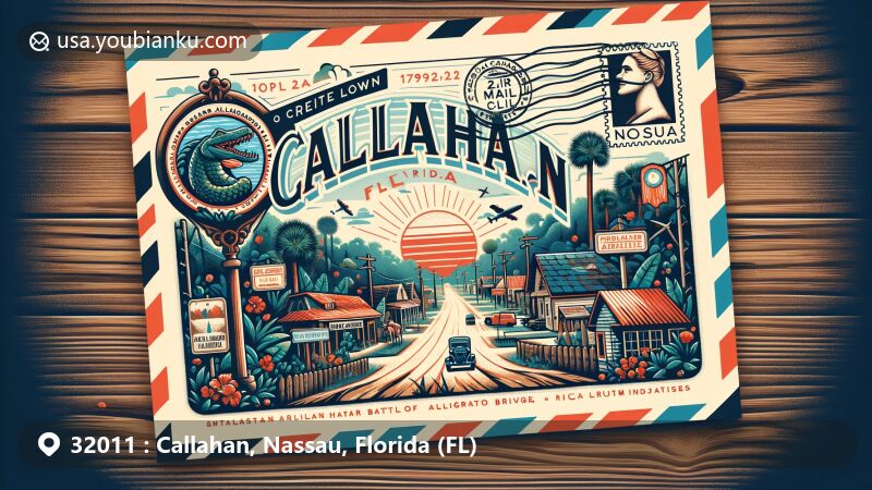 Modern illustration of Callahan, Florida, showcasing small-town charm and historical significance with references to Battle of Alligator Bridge, local industries, and Northeast Florida Fair, set against scenic landscapes and community spirit.
