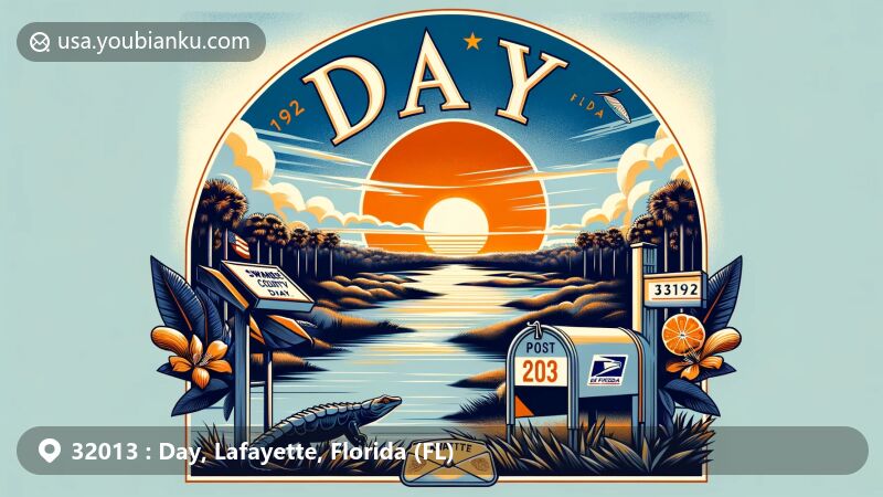 Modern illustration of Day, Lafayette County, Florida, capturing the tranquil landscape with Suwannee River and sunrise or sunset sky, showcasing a post office with ZIP code 32013, and featuring Florida's state symbols like orange blossom and state outline.