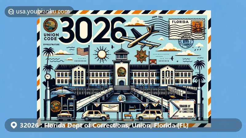 Modern illustration of the Union Correctional Institution in Union, Florida, with ZIP code 32026, incorporating state flag and postal theme elements like postcard shapes and stamps.