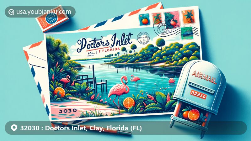 Modern illustration of Doctors Inlet, Florida, showcasing postal theme with ZIP code 32030, featuring Florida symbols like oranges and flamingos.