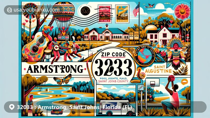 Modern illustration of Armstrong, Saint Johns County, Florida, depicting Gullah Geechee Cultural Festival symbols, Palatka to Saint Augustine State Trail, and Armstrong Park basketball court, with postal elements like stamps and mail truck.