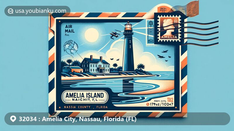 Creative illustration representing Amelia City, Nassau County, Florida, with ZIP code 32034, featuring Amelia Island Lighthouse and Fort Clinch State Park, integrated with natural beauty of beaches and Atlantic coastline.
