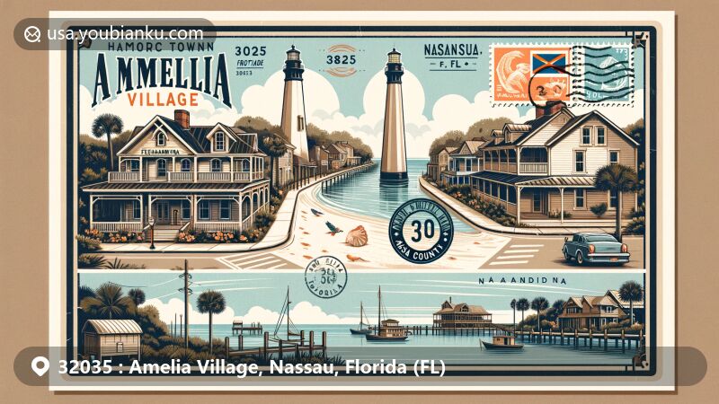 Illustration of Amelia Village, Nassau County, Florida, presenting Old Town Fernandina and Amelia Island Lighthouse with postal elements like stamp and postmark '32035 Amelia Village, Nassau, FL'. Features Florida state flag, palm trees, and coastal color palette for a serene coastal town vibe.