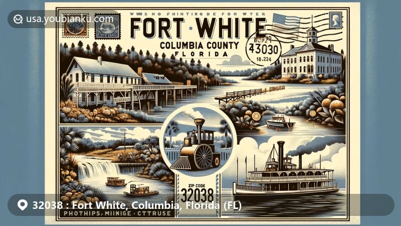 Modern illustration of Fort White, Columbia County, Florida, depicting natural beauty of Ichetucknee Springs State Park, with historic elements like old Fort White School built in 1915, showcasing importance of phosphate mining, citrus and cotton to early town economy, designed in style of postcards or airmail envelopes featuring stamps, postmark with ZIP code 32038, and a vintage steamboat on Santa Fe River, representing town's history in transporting goods.
