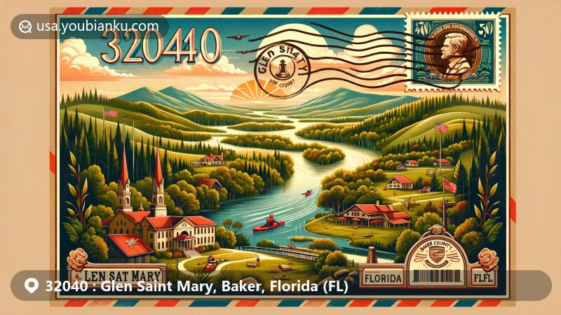 Modern illustration of Glen Saint Mary, Baker County, Florida, showcasing a vintage air mail envelope setting with rolling hills, lush forests, and a serene river, reflecting the town's charm and outdoor activities like kayaking and hiking.