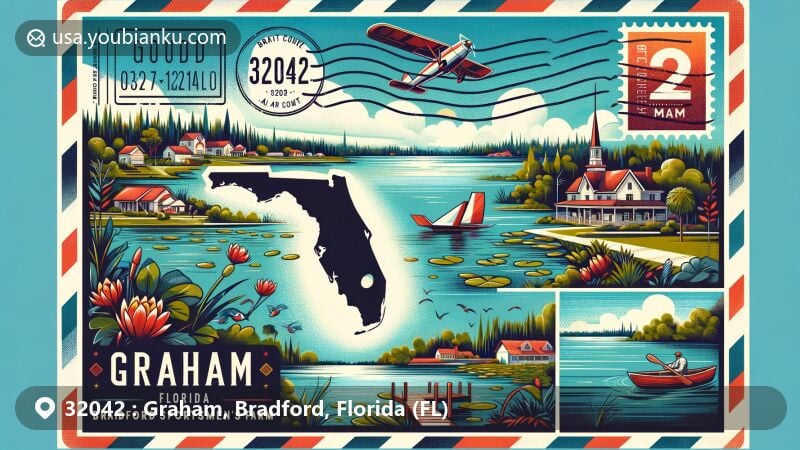 Modern illustration of Graham, Florida, showcasing postal theme with ZIP code 32042, featuring Bradford Sportsmen's Farm and lush lake country scenery in North-Central Florida.