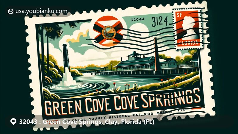 Modern illustration of Green Cove Springs, Clay County, Florida, highlighting warm spring and Clay County Historical and Railroad Museum, with Florida state flag and postal elements.