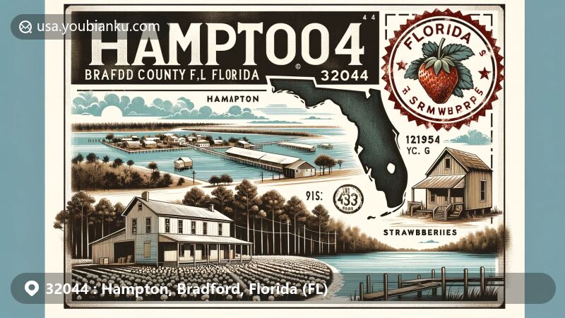 Vintage-style illustration of Hampton, Bradford County, Florida, with ZIP code 32044, featuring Hampton Lake, Florida state flag postage stamp, and historical agricultural references.