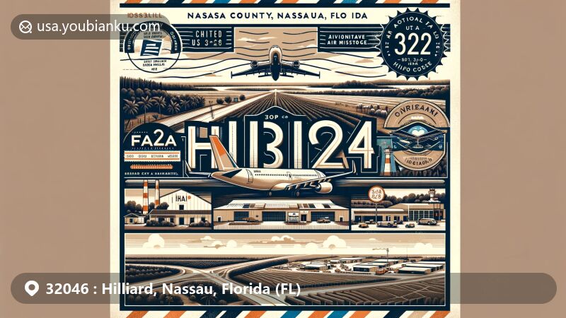 Modern illustration of Hilliard, Nassau County, Florida, inspired by postal theme for ZIP code 32046, featuring rural and agricultural heritage, timber industry, transport hub status, and FAA Air Traffic Control Center.