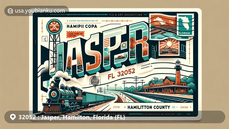 Contemporary illustration of Jasper, Florida, showcasing railroad and phosphate mining history, including Hamilton County and Florida state symbols, with ZIP code 32052.