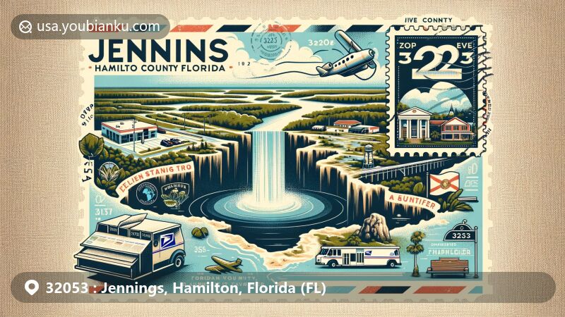 Modern illustration of Jennings, Hamilton County, Florida, featuring postal theme with ZIP code 32053, showcasing Alapaha River and Floridan Aquifer.