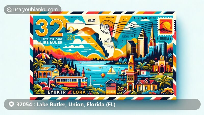 Modern illustration of Lake Butler, Union County, Florida, highlighting postal theme with ZIP code 32054, featuring local landmarks and Florida state symbols.
