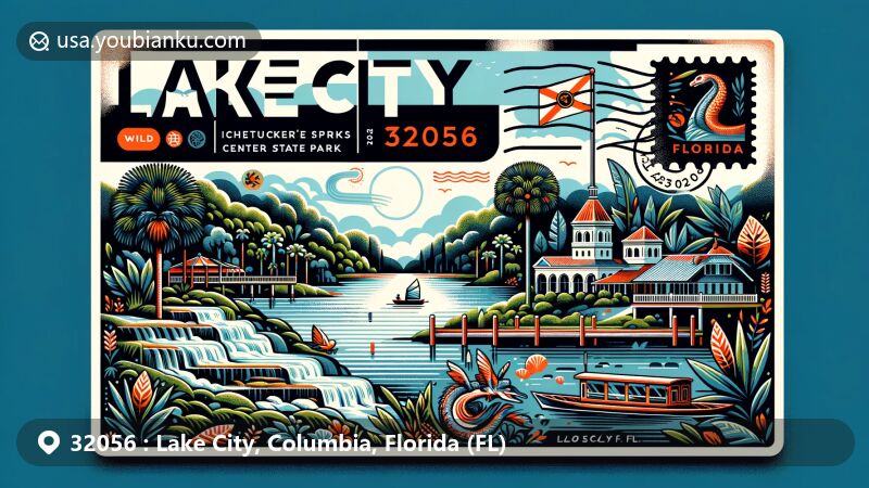 Modern illustration of Lake City, Florida, focusing on ZIP code 32056, showcasing Ichetucknee Springs State Park, Stephen Foster Folk Culture Center State Park, Florida state flag, and palm trees.