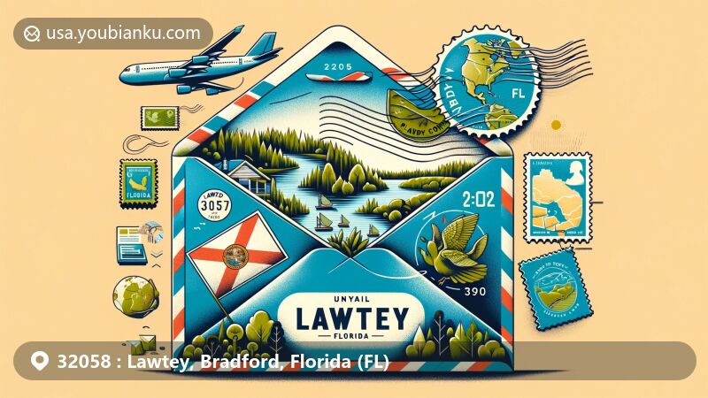 Modern illustration of Lawtey, Bradford County, Florida, featuring ZIP code 32058, showcasing lush forests, winding rivers, Florida state flag, and airmail envelope with postage stamp and postmark.