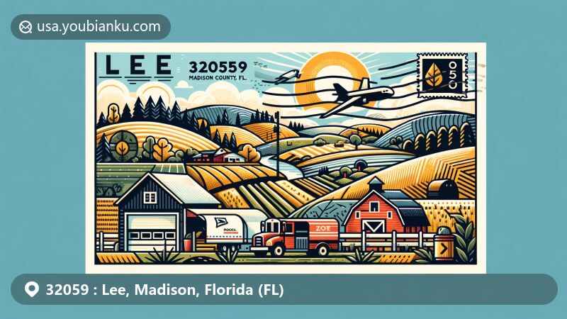 Modern illustration of Lee, Madison County, Florida, highlighting rural charm with local farms, rolling hills, and outdoor activities, featuring postal elements like a postcard shape, stamp, postmark, and ZIP code 32059.