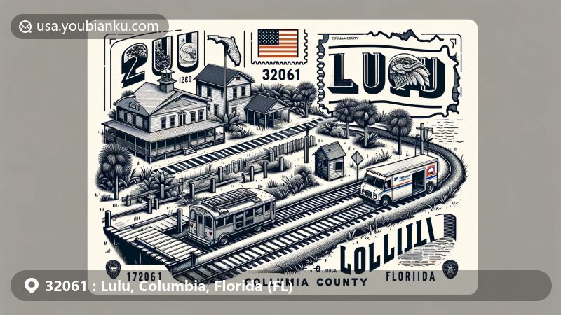 Modern illustration of Lulu, Columbia County, Florida, showcasing postal theme with ZIP code 32061, featuring State Road 100 and historical Georgia Southern and Florida Railway path.