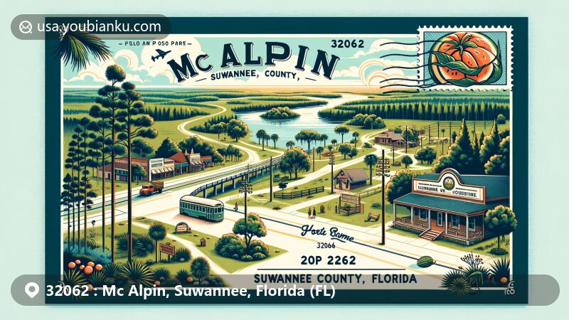 Modern illustration of Mc Alpin, Suwannee County, Florida, presenting postal theme with ZIP code 32062, showcasing Suwannee River, pine trees, palmettos, and community spirit through a watermelon festival scene.