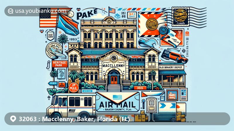 Modern illustration of Heritage Park and the Old Macclenny Depot in Baker County, Florida, with air mail envelope design showcasing postal theme and local landmarks like the 