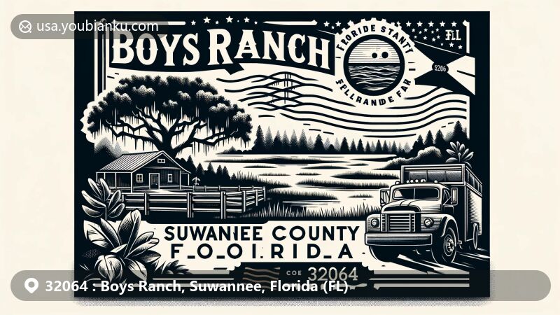 Modern illustration of Boys Ranch, Suwannee County, Florida, capturing local essence with state flag, Suwannee County outline, and natural symbols like large oaks and rolling landscapes.