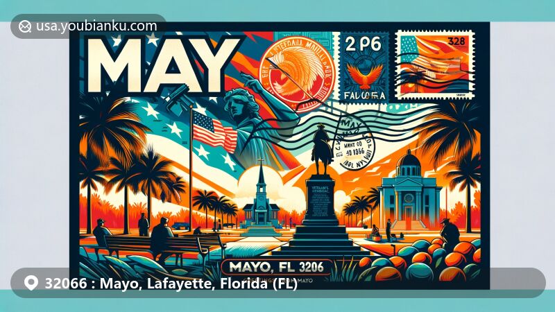 Modern illustration of Mayo, Florida, with Veteran's Memorial Park, showcasing regional and postal themes, featuring state flag, palm tree silhouette, and postmark stamps.