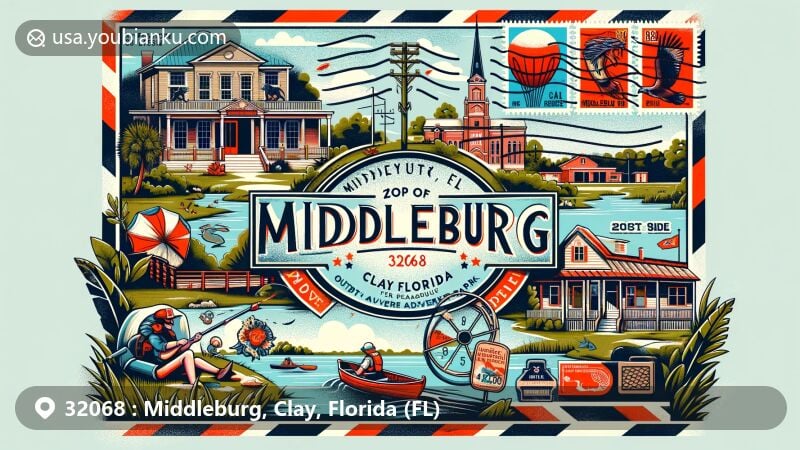Modern illustration of Middleburg, Clay County, Florida, showcasing postal theme with ZIP code 32068, featuring Middleburg Museum, Middleburg Civic Association, and Clay County Outdoor Adventure Park.