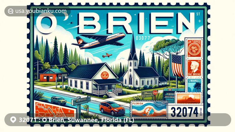Modern illustration of O'Brien community, Suwannee County, Florida, showcasing postal theme with ZIP code 32071, featuring pine forests, local Baptist church, and post office.