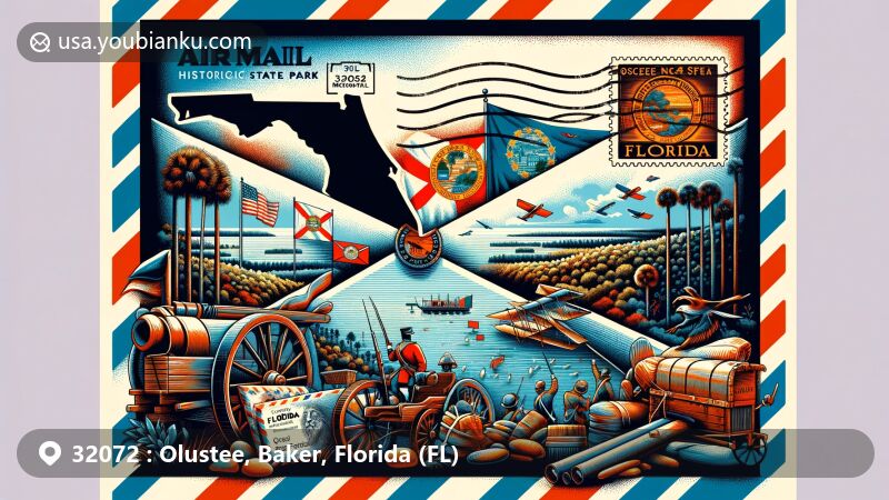 Modern illustration of Olustee, FL, showcasing airmail envelope themed around Olustee Battlefield Historic State Park, with stamp featuring Osceola National Forest and postmark with 32072 zip code.