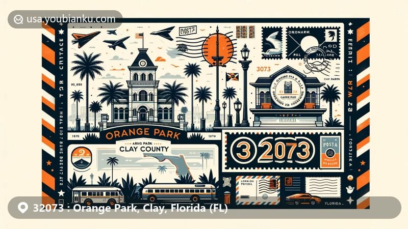 Modern illustration of Orange Park, Clay County, Florida, showcasing postal theme with ZIP code 32073, featuring Clarke House Park and Florida's palm trees and state flag.
