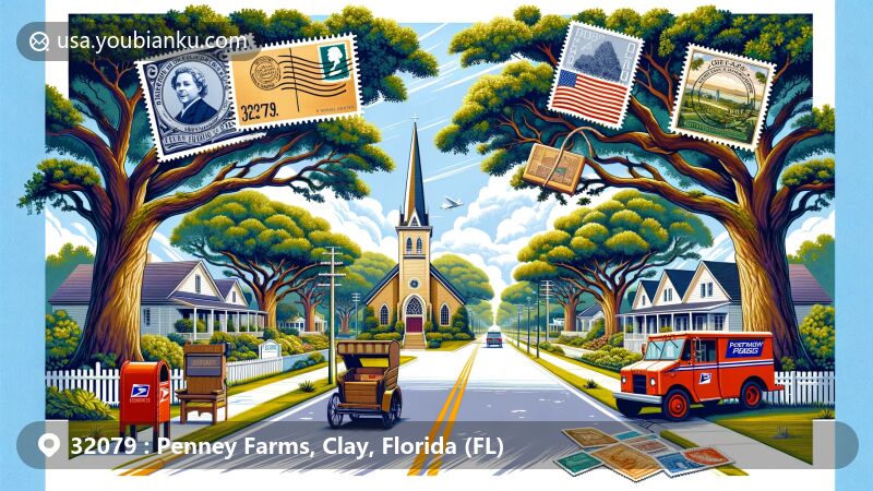 Modern illustration of Penney Farms, Florida, with iconic oak and magnolia canopy, central church, retirement homes, and postal theme corner with postcard, stamps, and ZIP code 32079, showcasing the town's unique community planning and rich postal history.